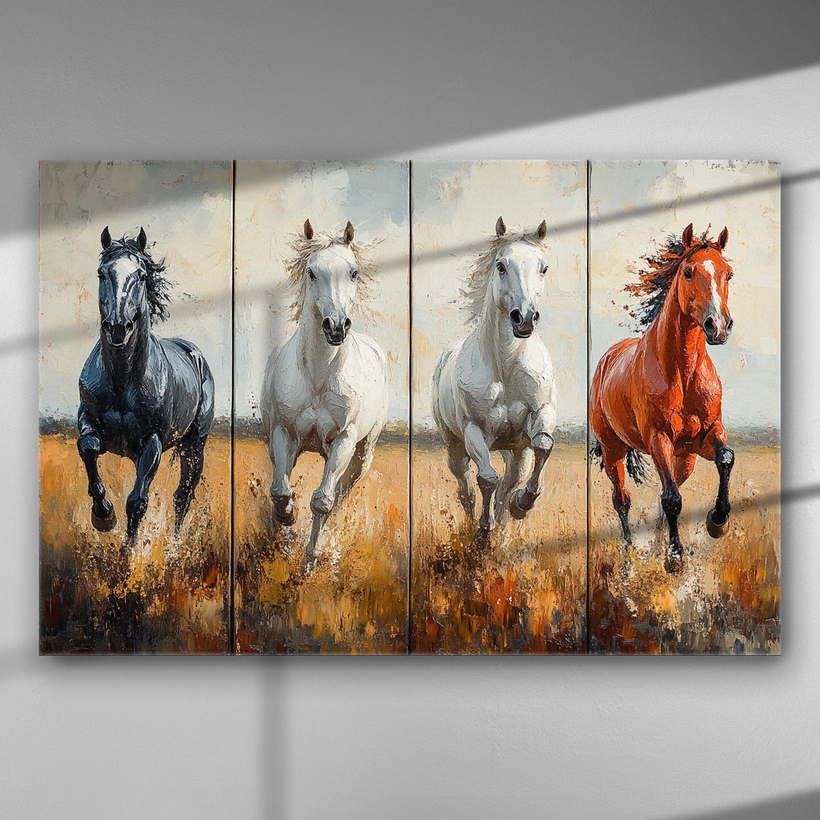 Four running horses painted on a canvas, showcasing movement and freedom.