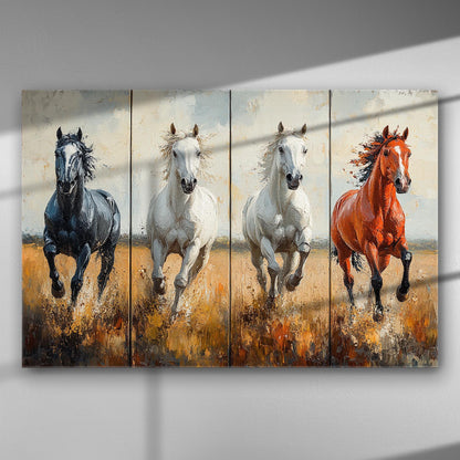 Four running horses painted on a canvas, showcasing movement and freedom.