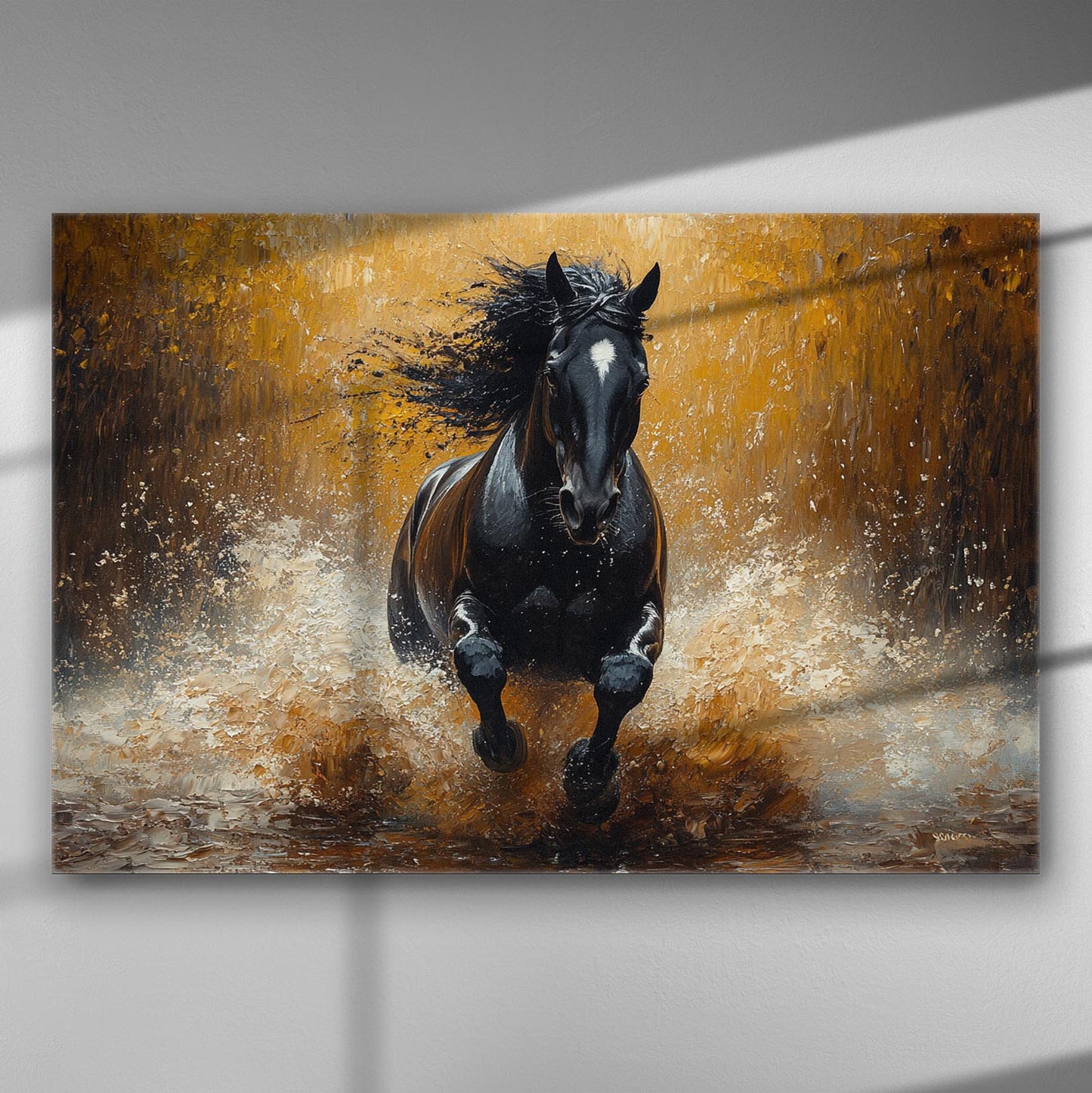 A black horse running through water, dynamic and energy-filled artwork on canvas.