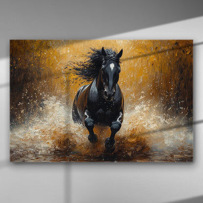 A black horse running through water, dynamic and energy-filled artwork on canvas.