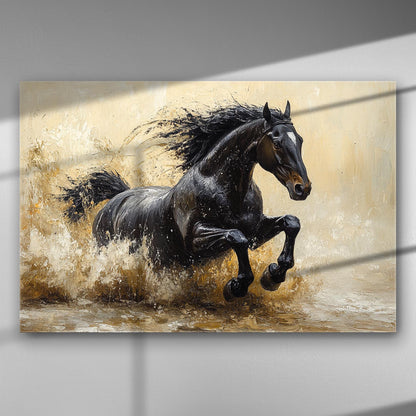 A black horse galloping through water, depicted on a canvas print.