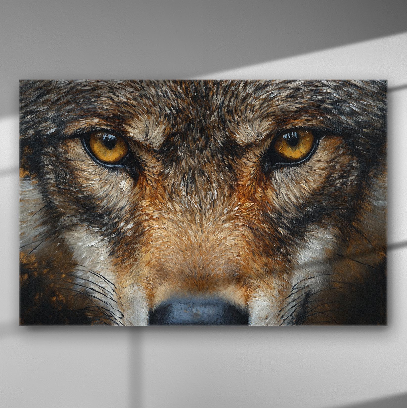 Close-up of a wolf's intense eyes on a canvas art print.