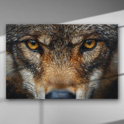Close-up of a wolf's intense eyes on a canvas art print.