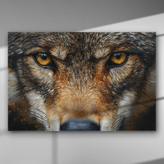 Close-up of a wolf's intense eyes on a canvas art print.