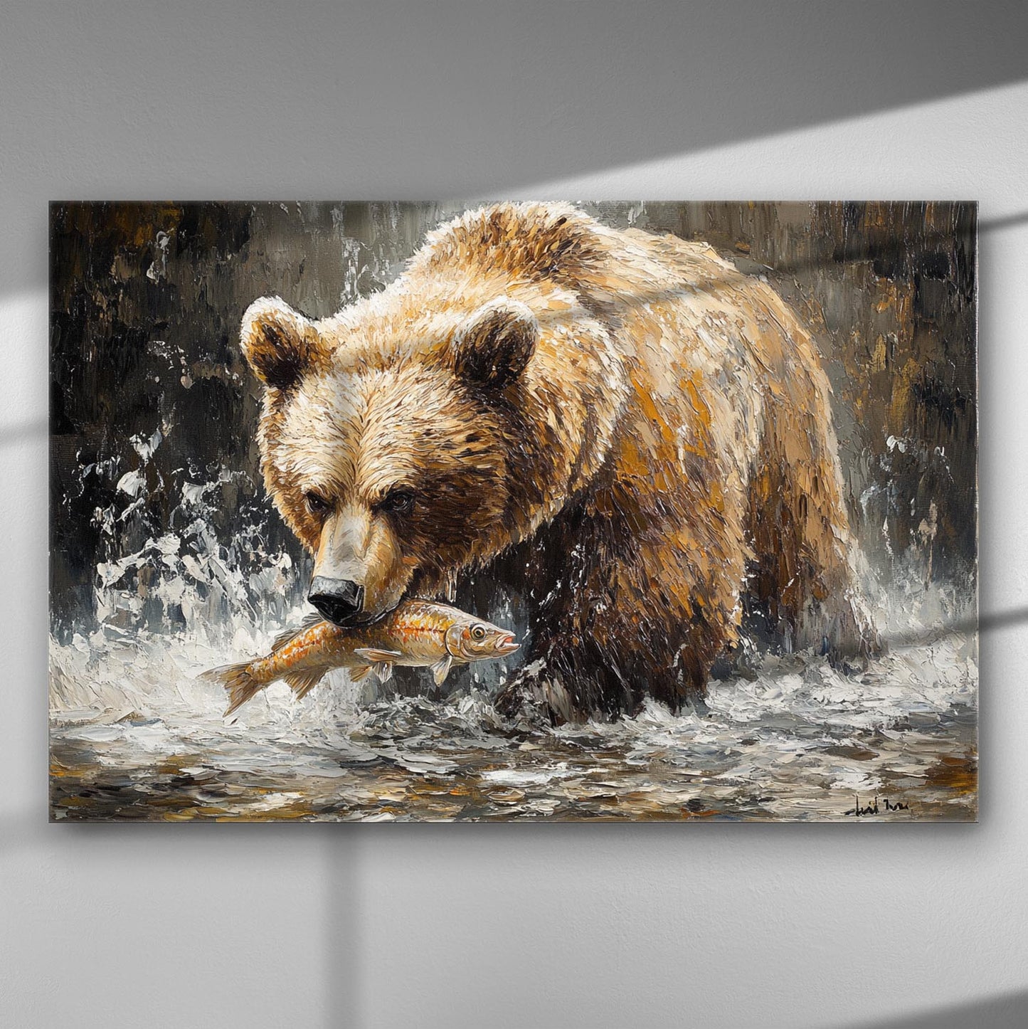 A realistic painting of a bear catching a salmon in a river, depicted on a canvas.