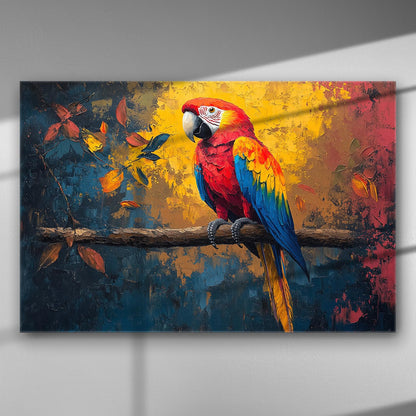 Colorful parrot on a branch with vibrant background, canvas art.