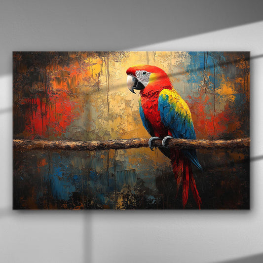 Vibrant parrot macaw on canvas with colorful abstract background.