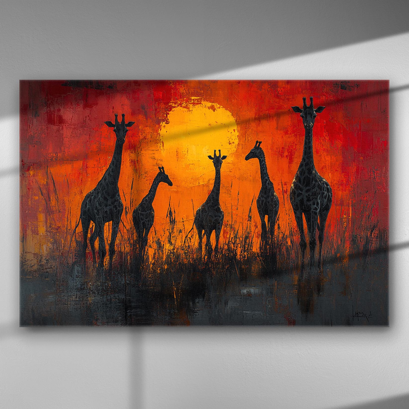 Silhouettes of giraffes against a vibrant orange sunset on canvas.