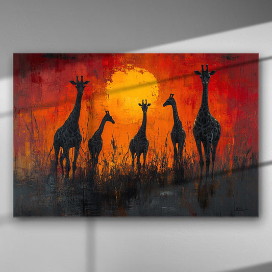 Silhouettes of giraffes against a vibrant orange sunset on canvas.