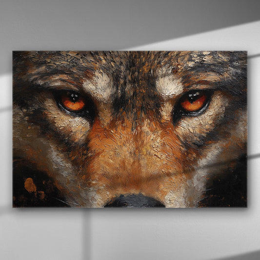Close-up of a wolf's eyes with intense orange hues on a canvas painting.