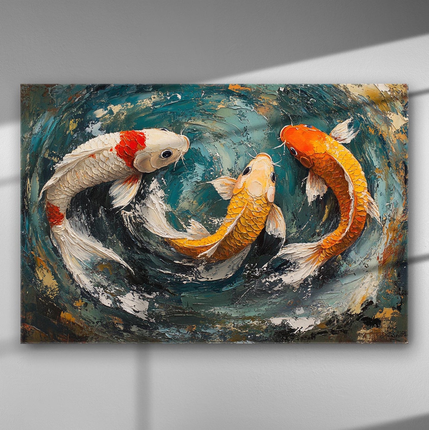 Colorful koi fish swimming in a swirling water design on canvas.