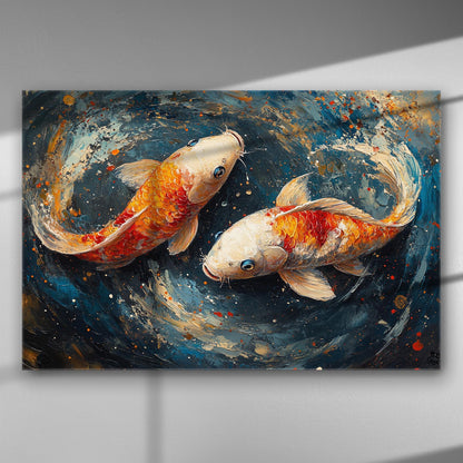 Two koi fish swimming on a vivid background canvas art