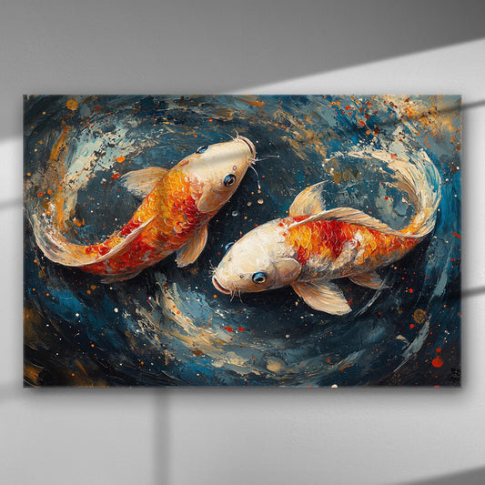Two koi fish swimming on a vivid background canvas art