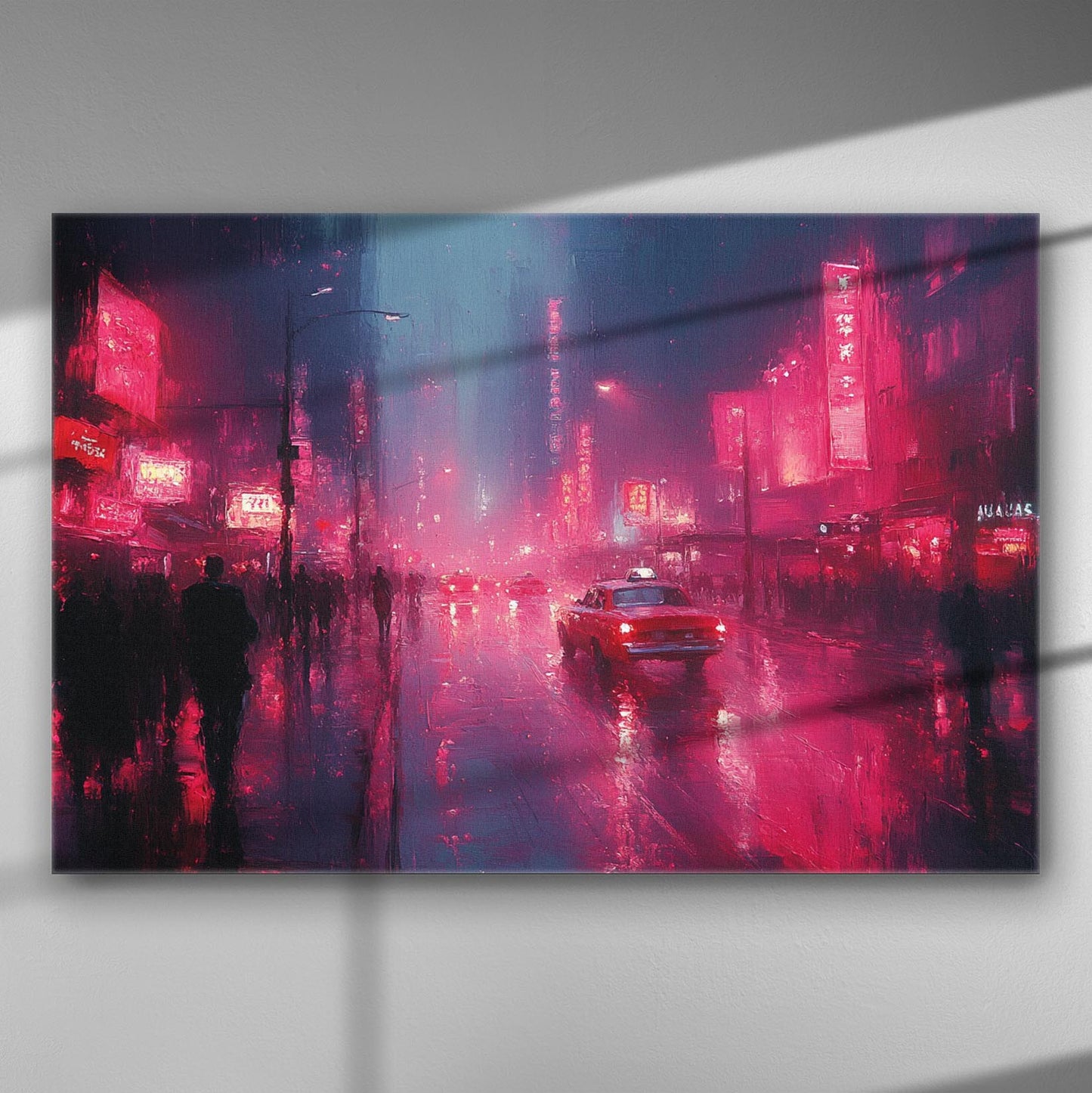 Abstract night cityscape with neon lights and silhouettes on a canvas print.