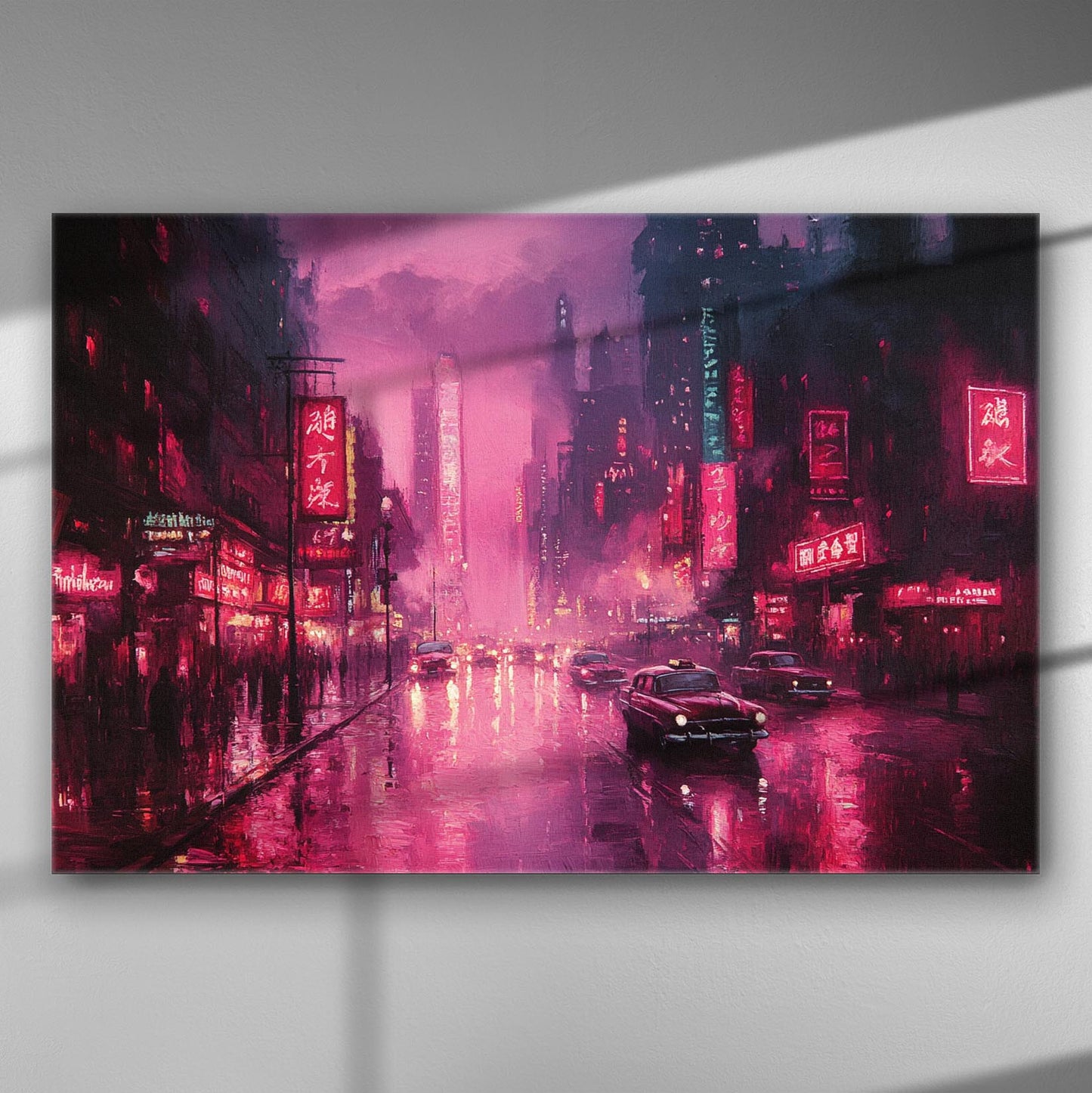 Neon cityscape with wet street reflections and cars under night lights.