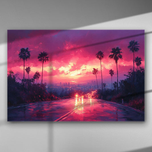 Sunset over a cityscape with palm trees and a vibrant sky reflecting on a wet road