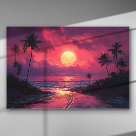 Dreamy sunset with palm trees over the ocean on canvas
