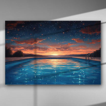 Canvas art depicting a serene swimming pool under a starry night sky with vibrant sunset colors.