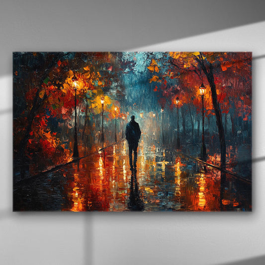 A solitary figure walks down a misty, lamplit path, surrounded by vibrant autumn foliage, reflecting on a wet ground.
