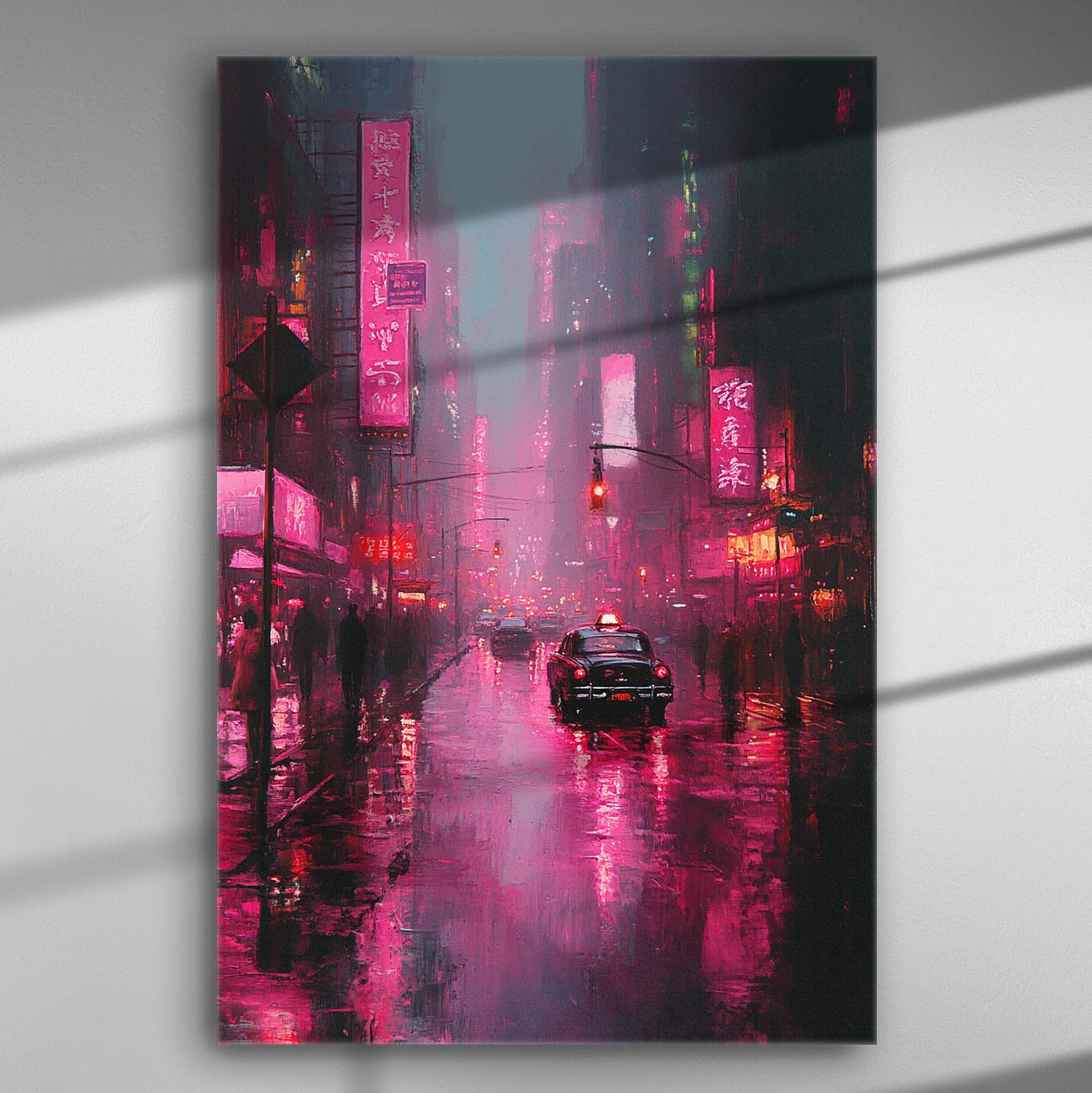 A vibrant city street at night with neon lights reflecting on rain-soaked pavement.
