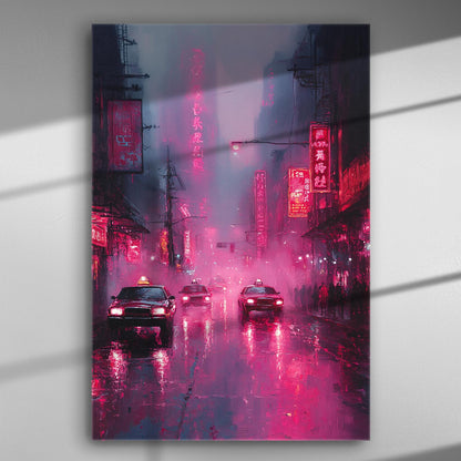 Canvas print of a city street at night with neon lights and taxis.