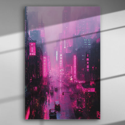 Night cityscape with neon lights, modern urban scene on canvas.