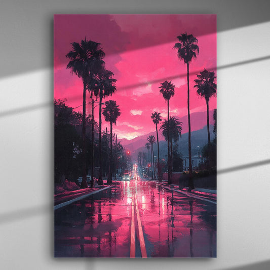 Canvas print depicting a romantic sunset with pink and purple sky, palm trees, and a reflective wet street.