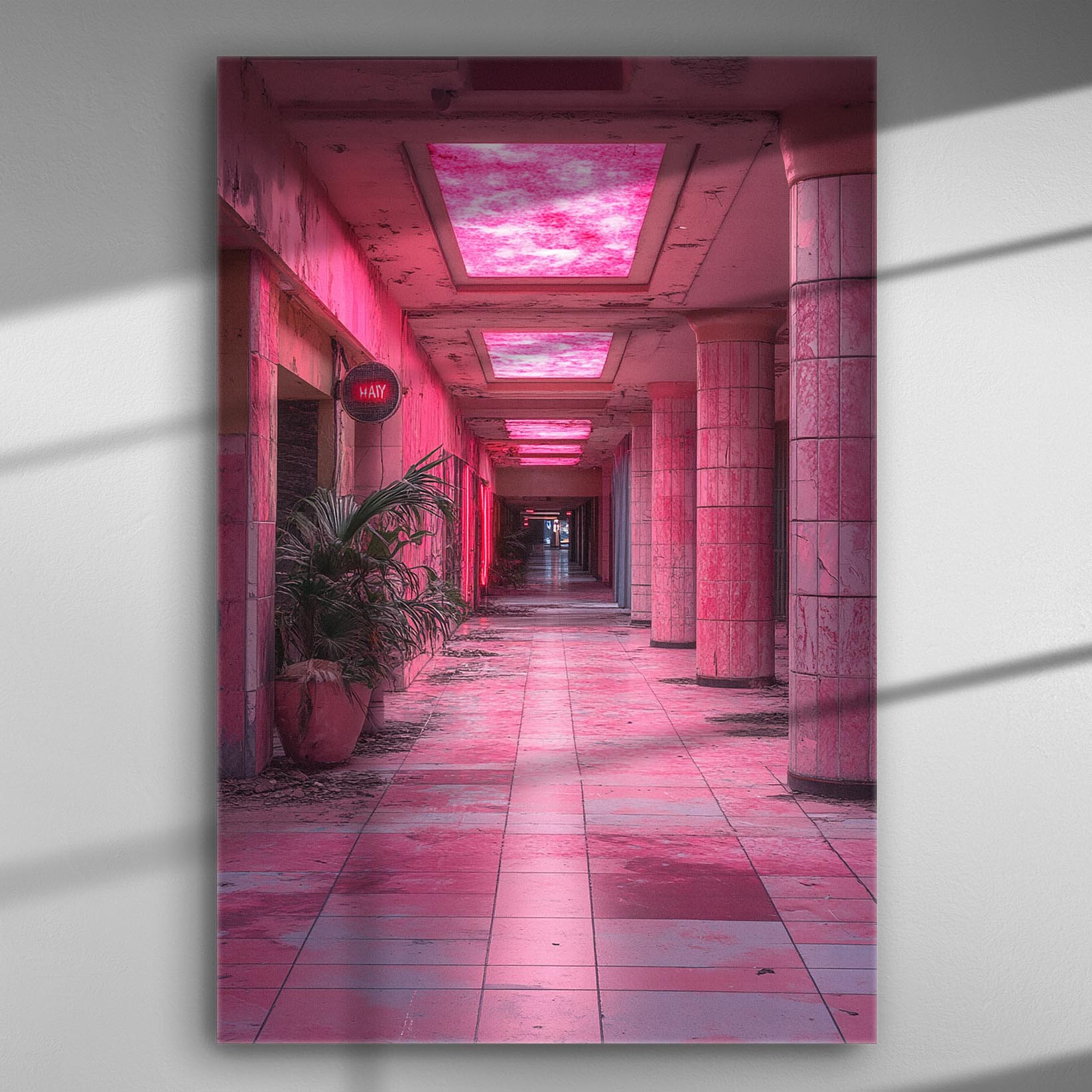 Pink illuminated hallway canvas print with architectural elements and vibrant lighting.
