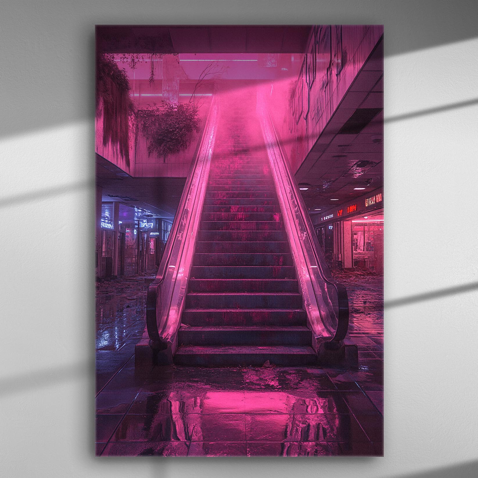 Canvas with neon-lit escalator in pink hues creating a futuristic and mysterious atmosphere.