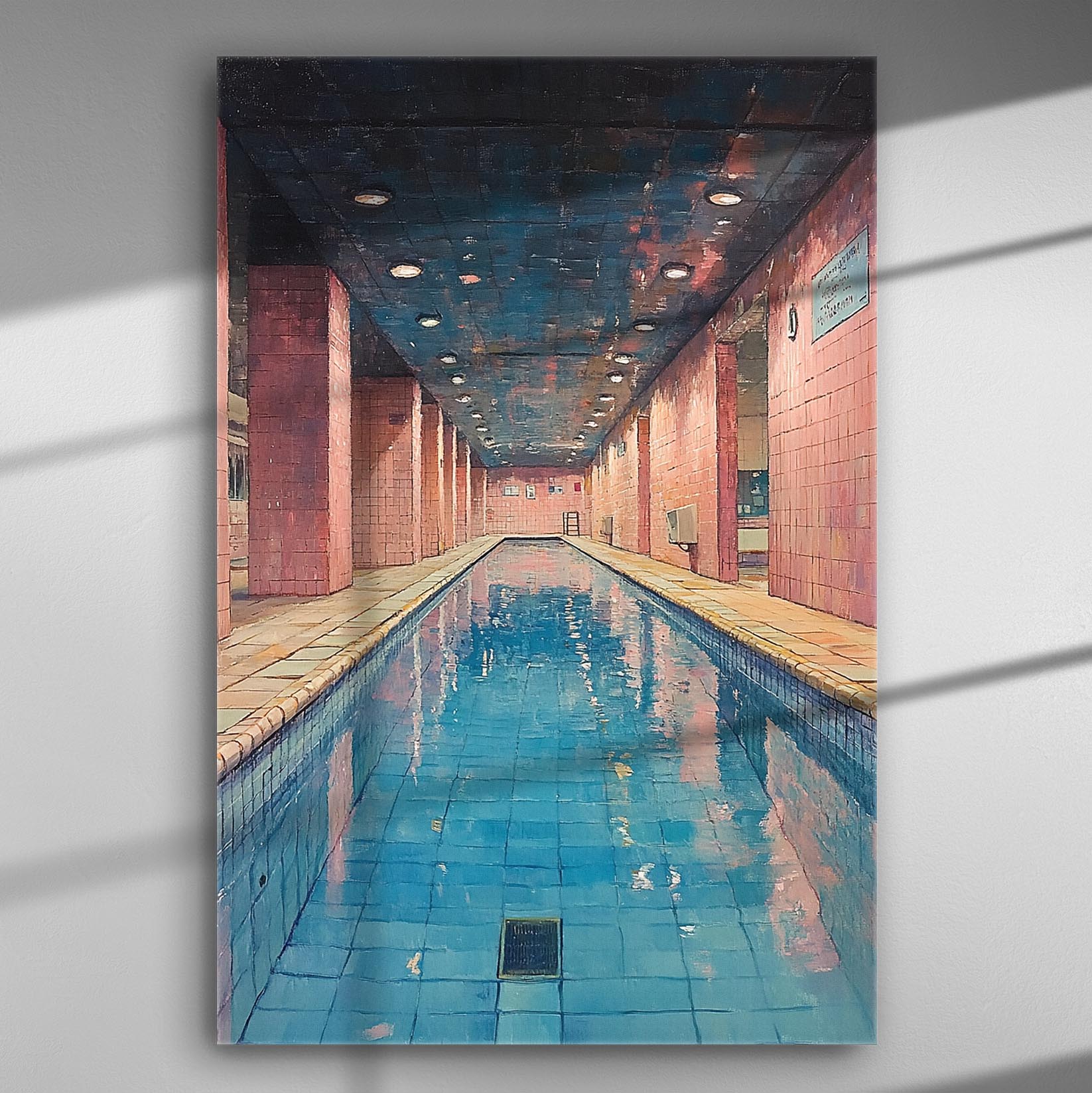 A canvas print depicting an indoor swimming pool with pink walls and blue water, creating a sense of tranquility.