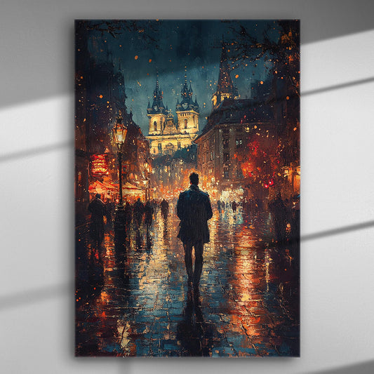 Night city scene with a man walking on wet streets, illuminated by streetlights and a distant church tower.