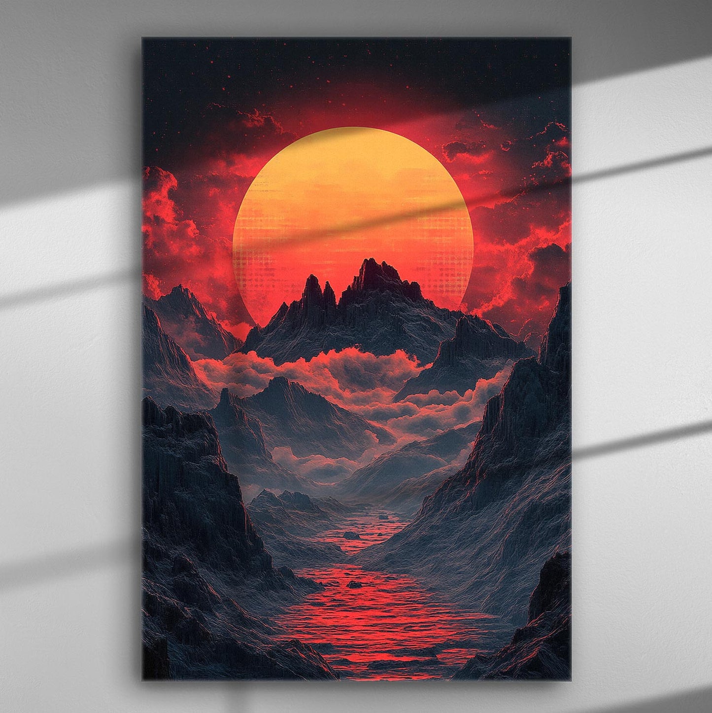 A dramatic canvas print of a volcanic dawn with a red sun and mountain silhouettes.