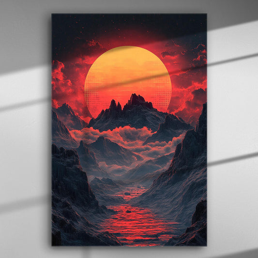 A dramatic canvas print of a volcanic dawn with a red sun and mountain silhouettes.