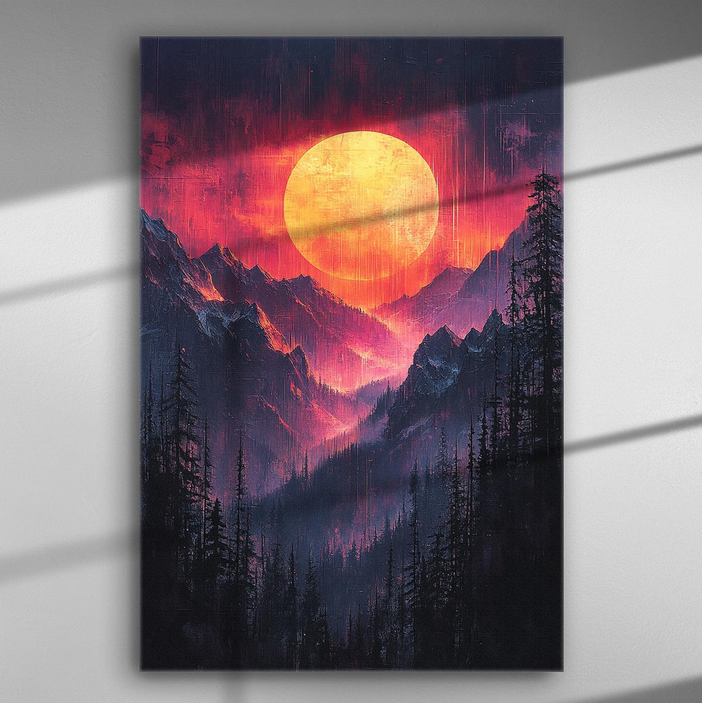 Enchanting sunset panorama with mountains on a canvas print.