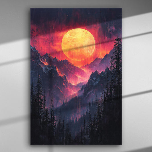 Enchanting sunset panorama with mountains on a canvas print.