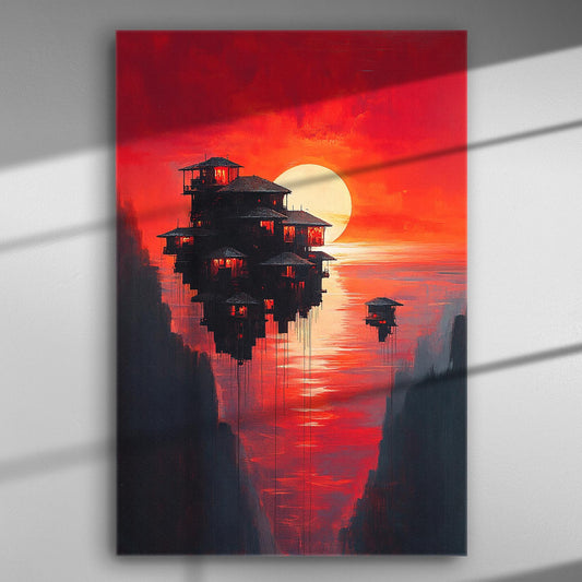 Sunset over illuminated sky cities painting on canvas with vivid red and orange hues.