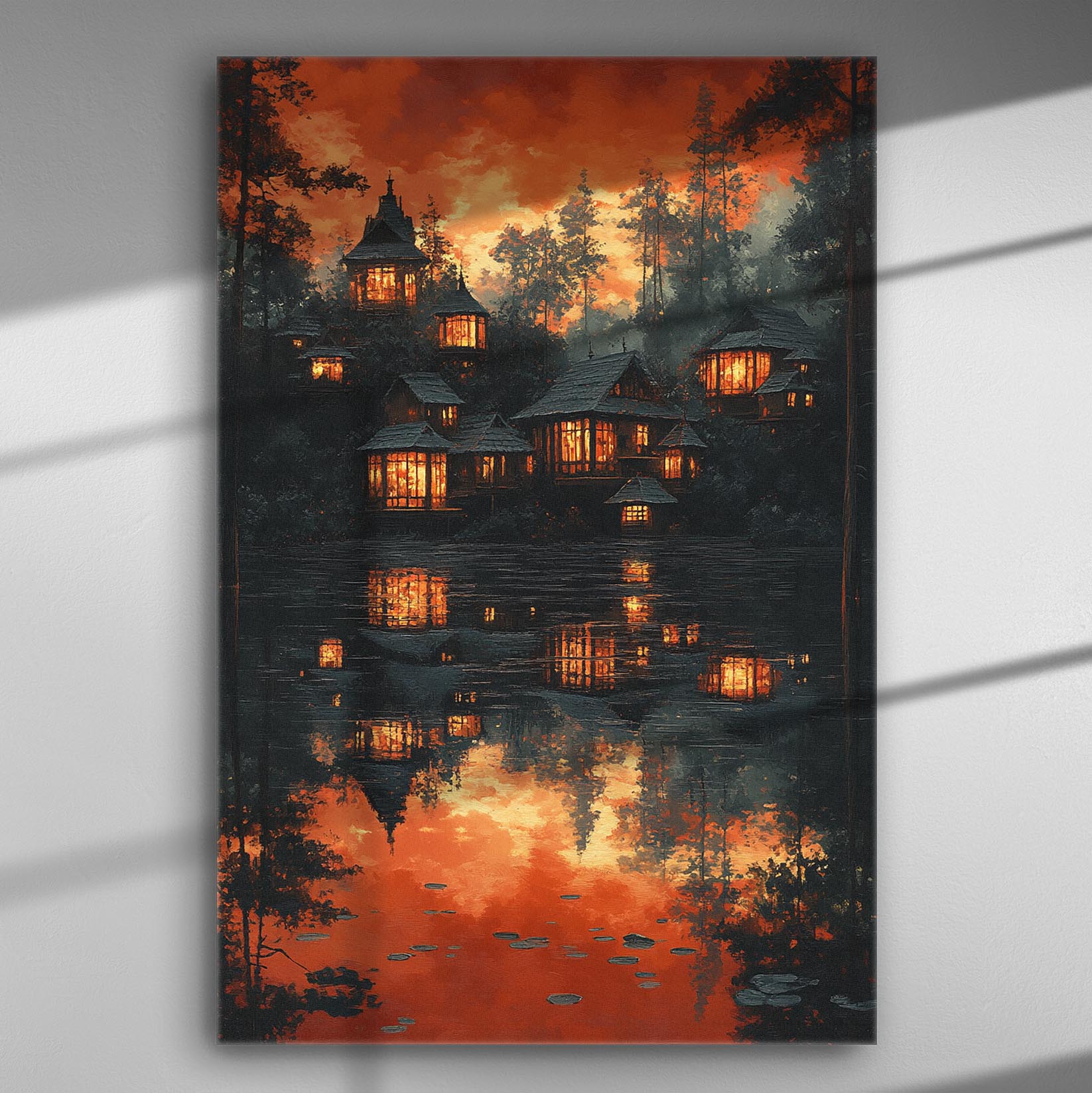 Serene village reflecting on tranquil lake with warm orange and red tones canvas print.