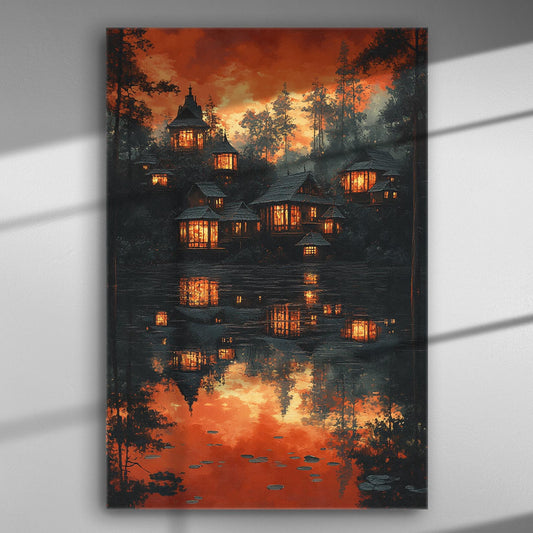 Serene village reflecting on tranquil lake with warm orange and red tones canvas print.