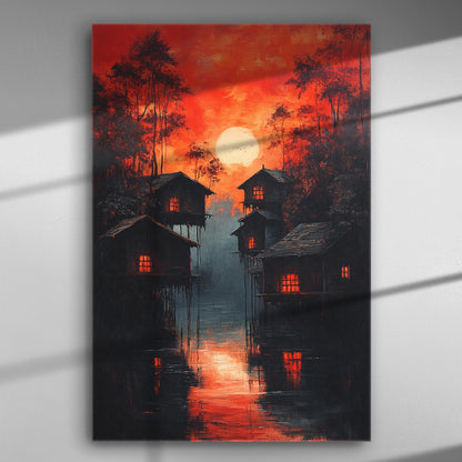 Canvas print depicting houses silhouetted against a vibrant orange sunset over a forest setting with reflections in calm water.