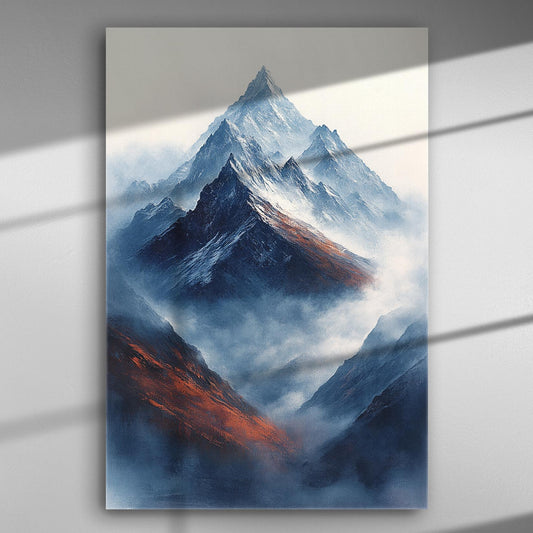 Canvas print depicting ethereal mountains with mist and blue tones.