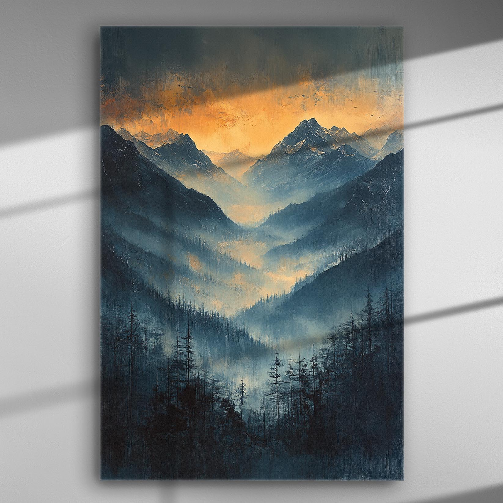 Mountains with mist and dawn light creating a serene atmosphere.