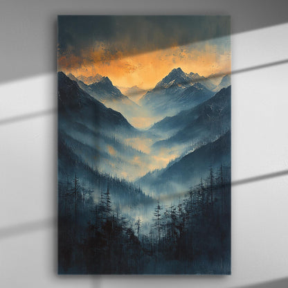 Mountains with mist and dawn light creating a serene atmosphere.