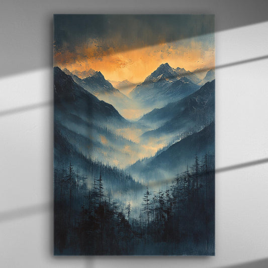 Mountains with mist and dawn light creating a serene atmosphere.