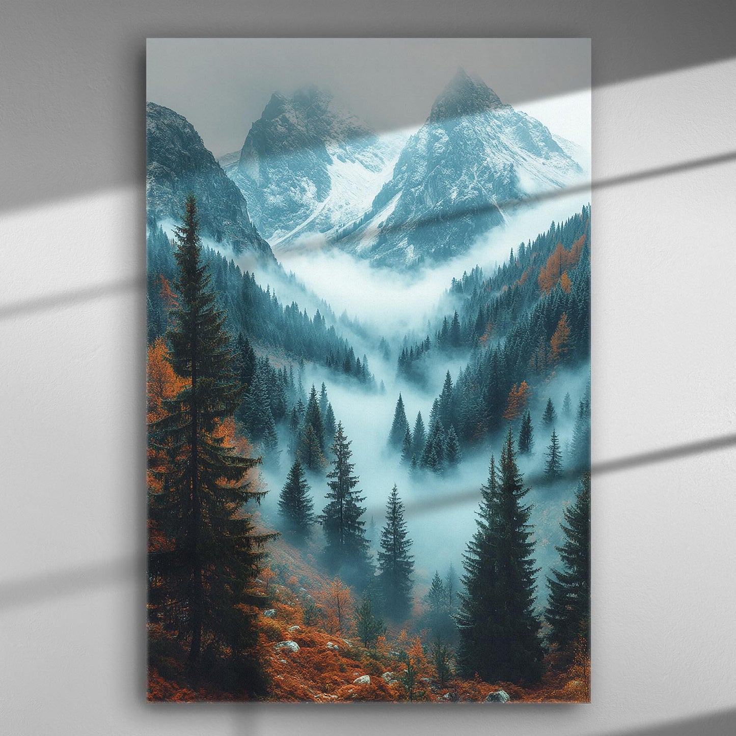 Mountain landscape with mist and pine trees on a canvas print.