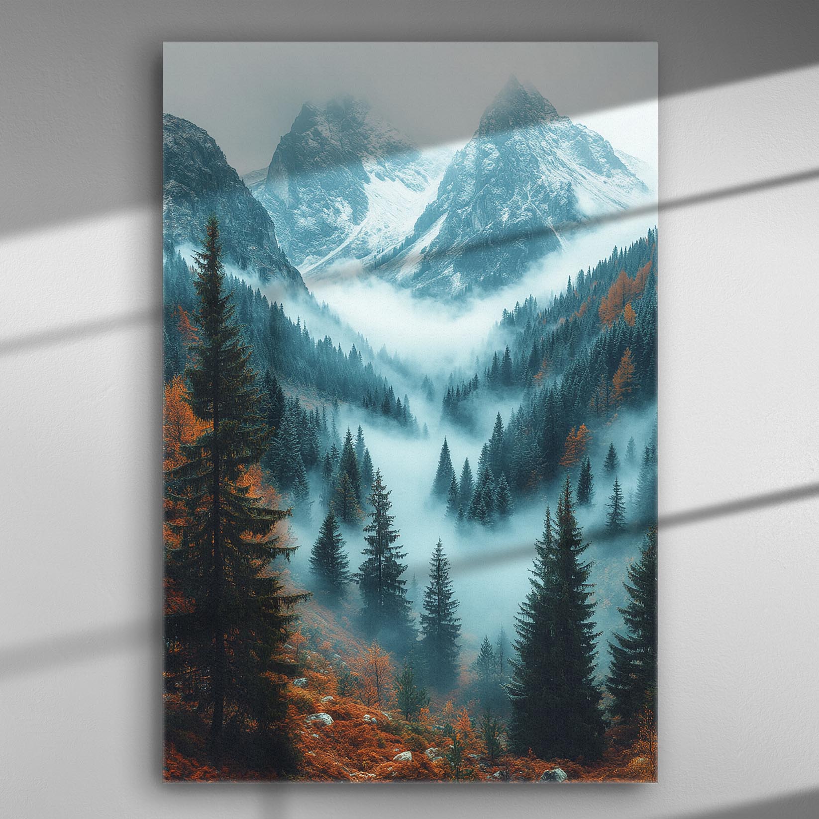 Mountain landscape with mist and pine trees on a canvas print.