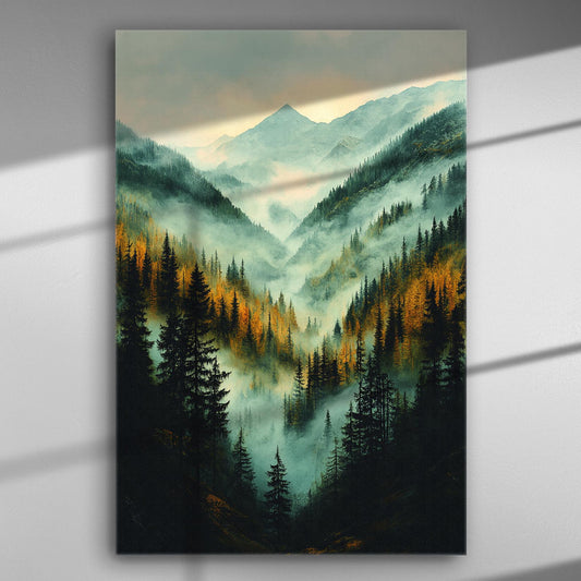 Mountain landscape with mist and trees, autumn colors, canvas wall art