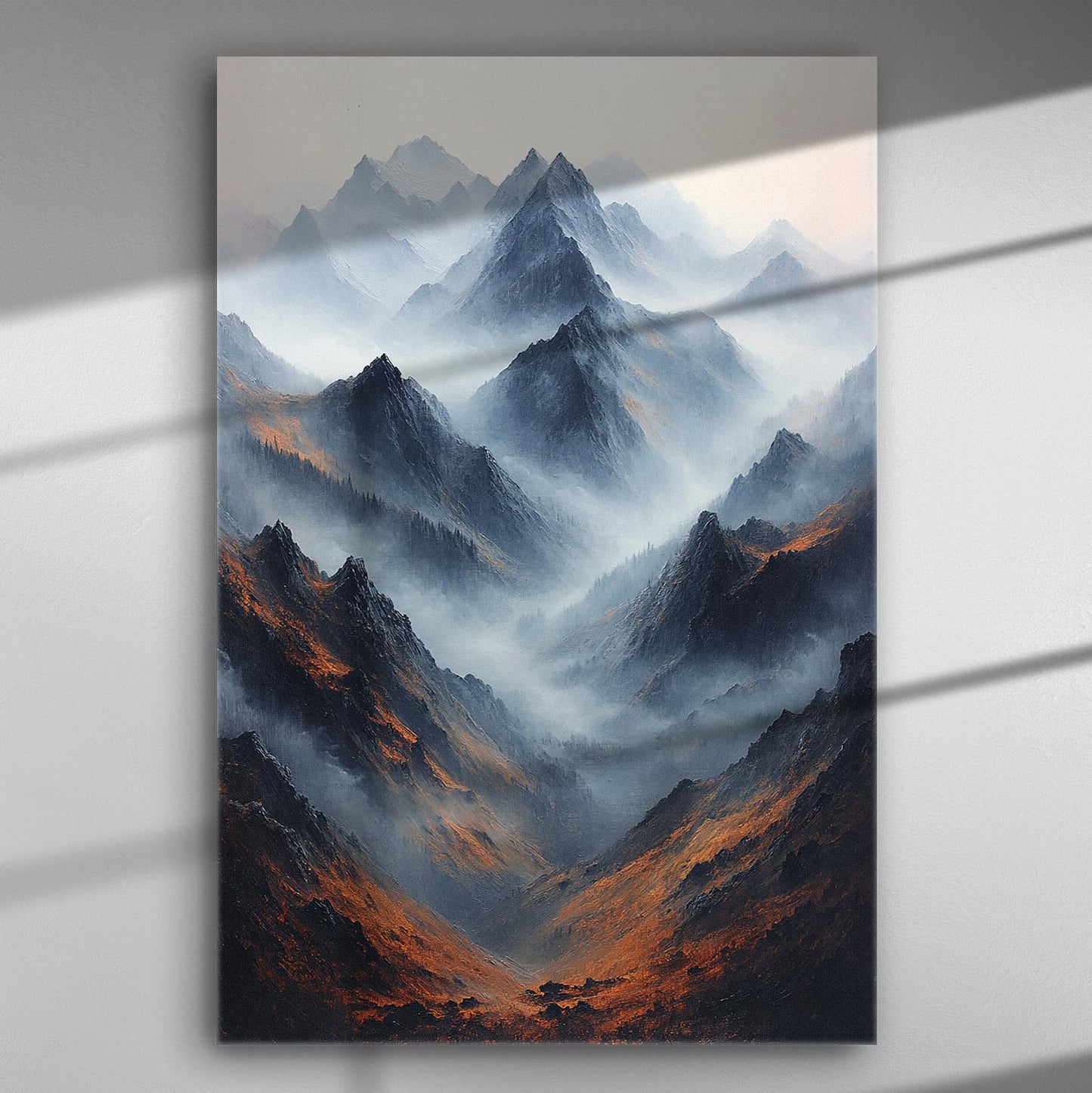 Mountain peaks shrouded in mist with contrasting dark and light tones, ideal for home decor.