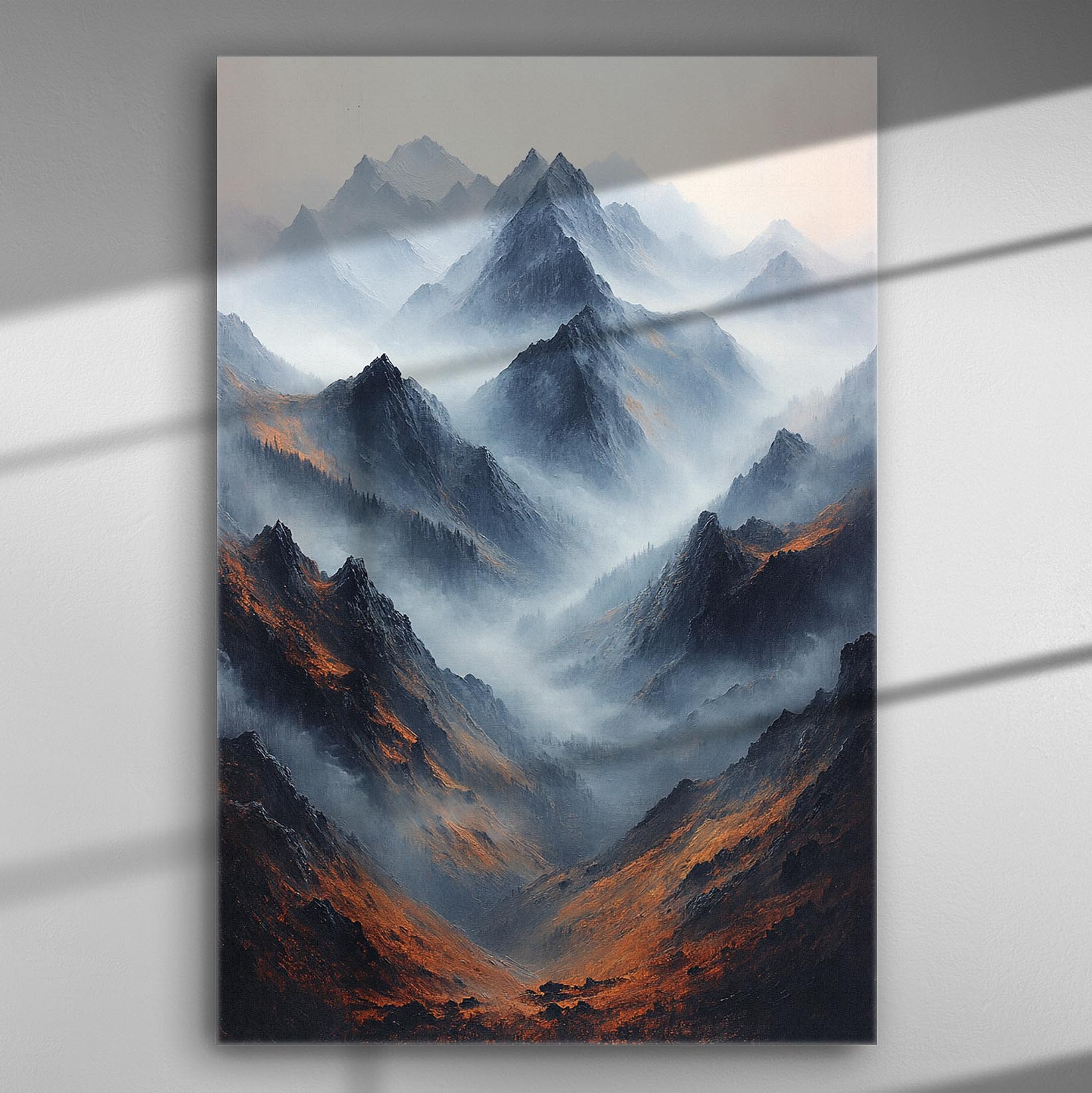 Mountain peaks shrouded in mist with contrasting dark and light tones, ideal for home decor.