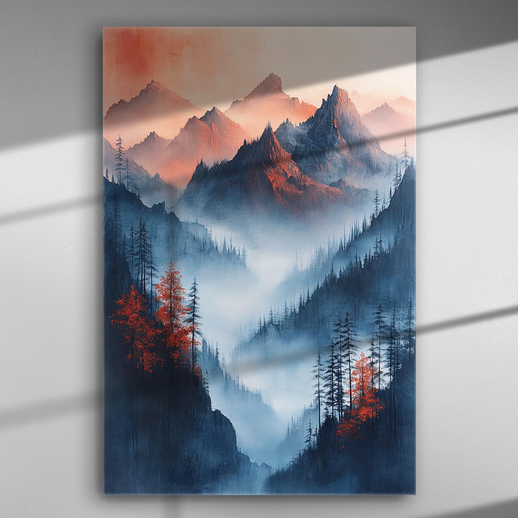 Canvas print of a misty mountain scene at sunrise with red and blue hues.
