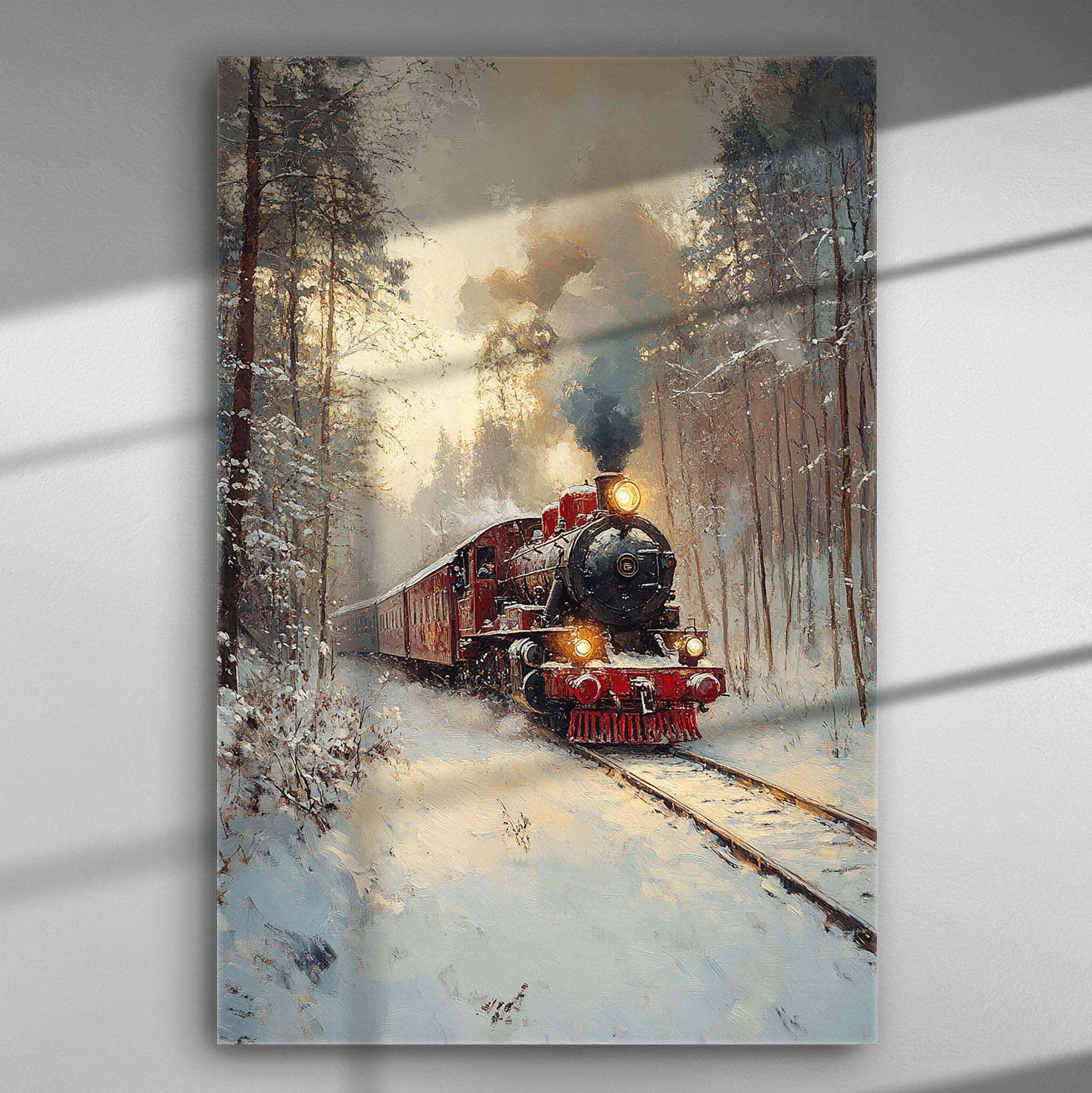 Old steam train in a snowy forest landscape canvas print.